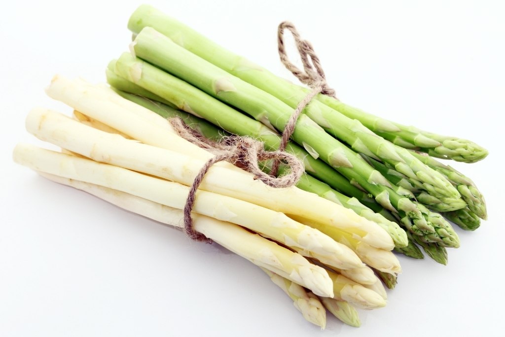 Deux bottes d'asperges, une verte et une blanche, attachées avec de la ficelle sur un fond blanc.