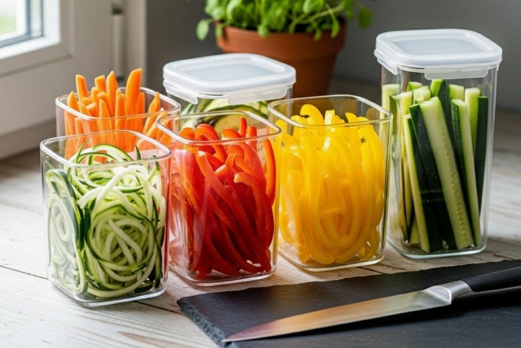 Des récipients en verre remplis de légumes coupés (carottes, poivrons et concombres) prêts à l'emploi.