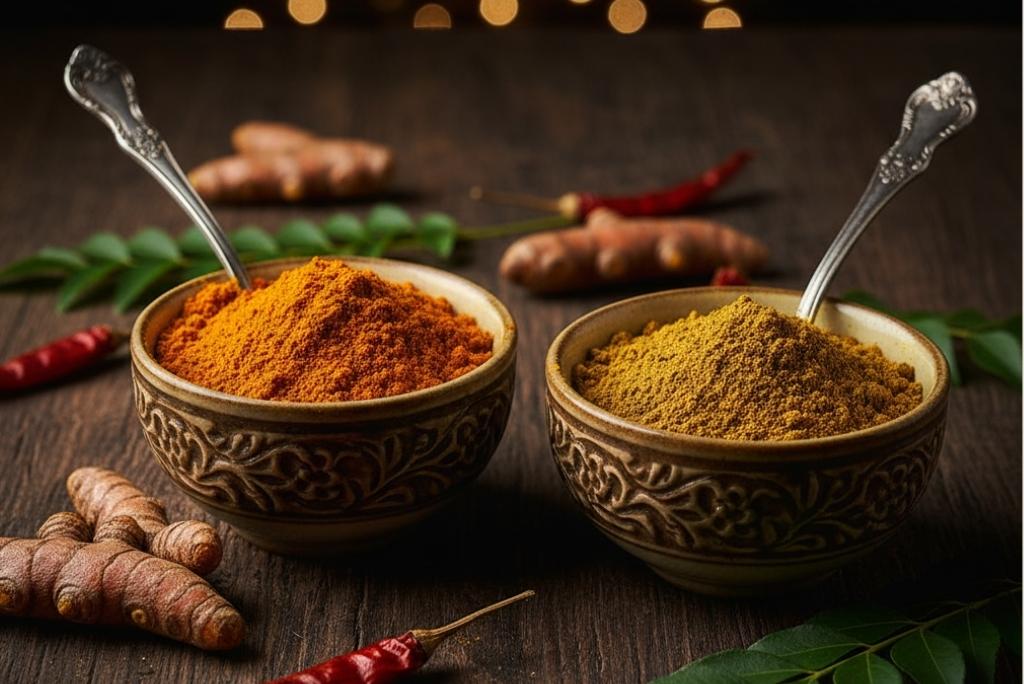 ما هو الكاري؟ وعاءان يحتويان على مسحوقين بلونين مختلفين (الكركم والكاري) محاطان بجذور الكركم والفلفل الحار.