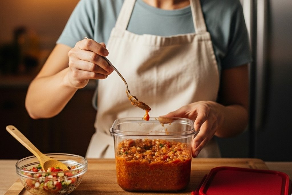 حفظ السوفريتو وتحضيره مسبقًا شخص يستخدم ملعقة لوضع صلصة خضار في وعاء تخزين محكم الإغلاق.