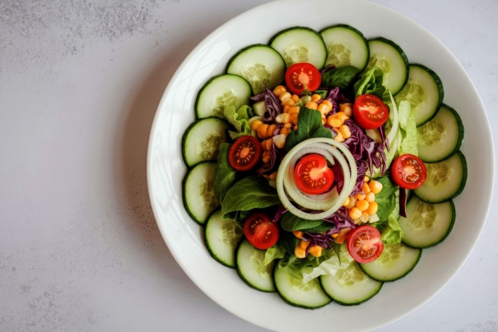 Une assiette élégante où des tranches de concombre forment une rosace parfaite autour d'un mélange de maïs, de tomates et d'oignons.