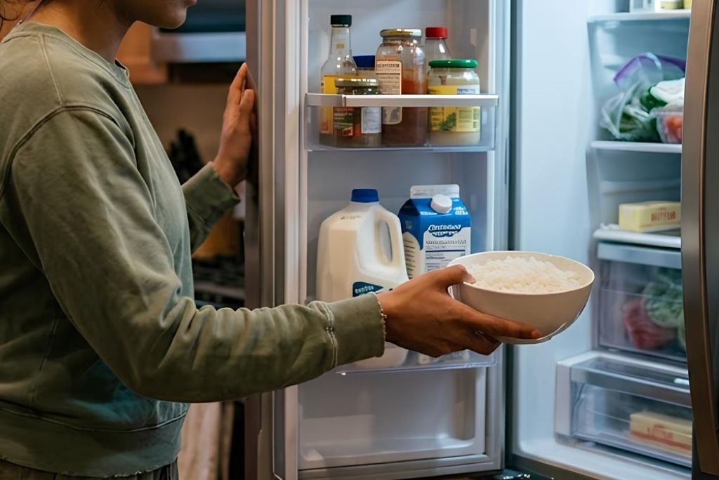 شخص يقوم بترتيب وعاء من الأرز الأبيض المطهو بعناية على رف داخل ثلاجة منظمة.